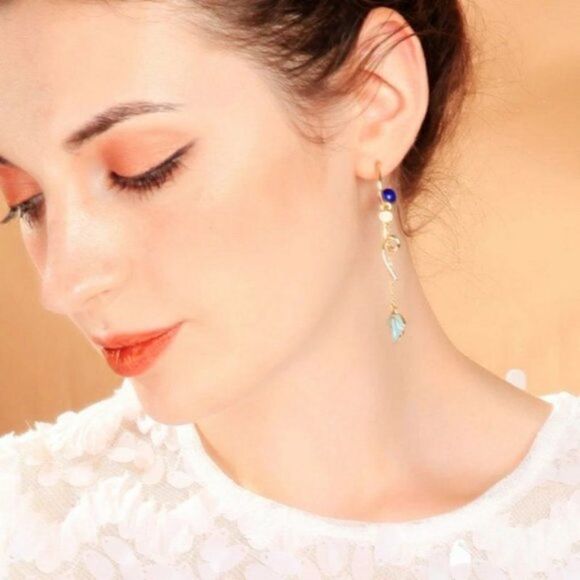 Enamel Glaze Natural Stone Leaf Gold Dangle Statement Earrings - Picture 3 of 8